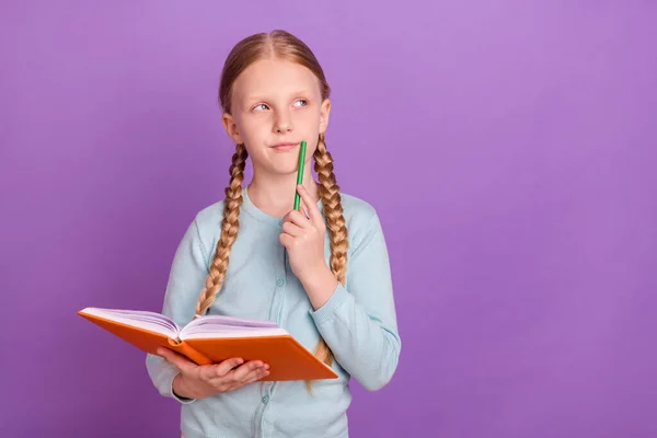 Photo of thoughtful creative pupil girl hold notebook look empty space wear blue shirt isolated violet color background — Foto de Stock