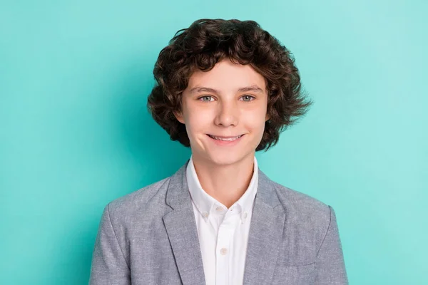 Photo of confident attractive school boy wear grey jacket smiling isolated pastel turquoise color background — Stockfoto