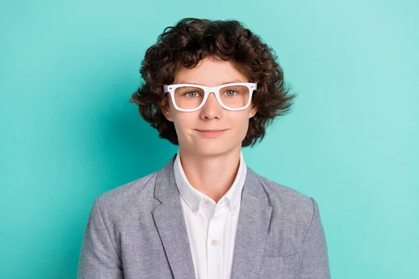 Photo of pretty adorable school boy wear grey jacket spectacles smiling isolated turquoise color background — Stockfoto