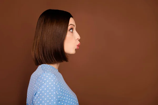 Profile photo of flirty bob hairdo millennial lady kiss empty space wear blue blouse isolated on brown color background — Φωτογραφία Αρχείου