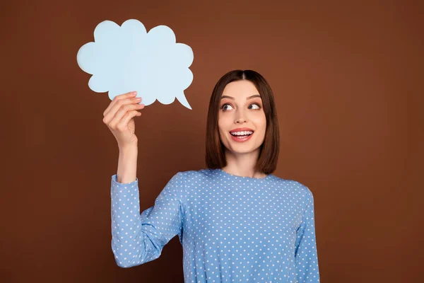 Photo of impressed bob hairdo young lady hold bubble wear blue blouse isolated on brown color background — Stok fotoğraf