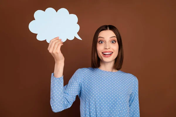 Photo of joyful bob hairdo millennial lady hold bubble wear blue blouse isolated on brown color background — Foto Stock