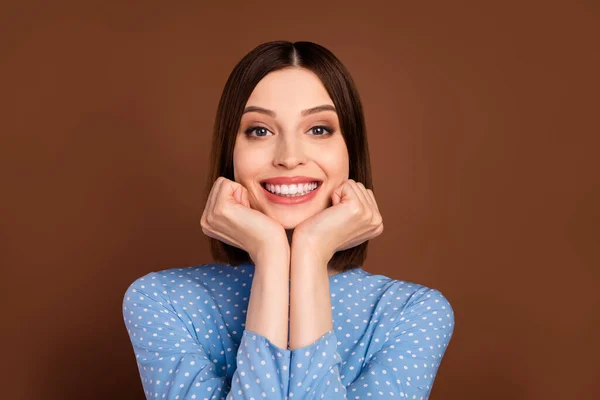 Photo of nice short hairdo millennial lady hands face wear blue blouse isolated on brown color background — Fotografia de Stock