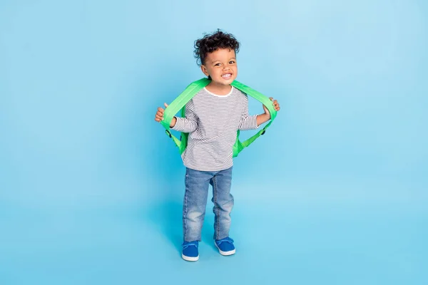 Volledige lengte lichaamsgrootte uitzicht van mooie vrolijke jongen gaan naar de lagere school herfst vallen geïsoleerd over helder blauwe kleur achtergrond — Stockfoto