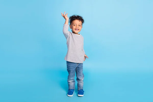 Comprimento total tamanho do corpo vista de menino alegre atraente bebê se divertindo bom humor isolado sobre fundo de cor azul brilhante — Fotografia de Stock