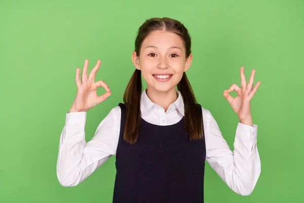 Φωτογραφία πορτρέτο κοριτσάκι χαριτωμένο χαρούμενο δείχνει εντάξει χειρονομία απομονωμένο παστέλ πράσινο χρώμα φόντο — Φωτογραφία Αρχείου