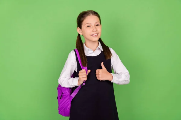 Foto portret schoolmeisje met rugzak tonen duim-up geïsoleerde pastel groene kleur achtergrond — Stockfoto