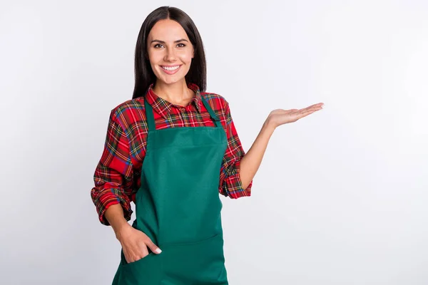 Foto di affascinante bella giovane donna tenere mano oggetto vuoto spazio tasca grembiule verde isolato su sfondo di colore grigio — Foto Stock