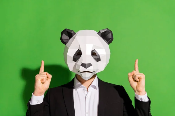 Foto de chico hipster loco indican los dedos hacia arriba espacio vacío desgaste panda máscara esmoquin negro aislado sobre fondo de color verde —  Fotos de Stock