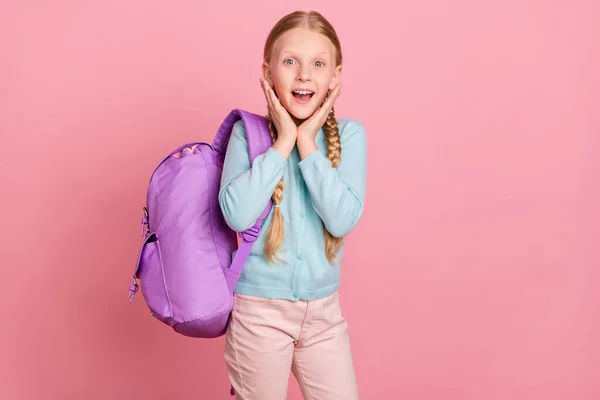 Foto von entzückend beeindruckt Schulmädchen tragen blaue Strickjacke Rucksack Arme Wangen lächelnd isoliert rosa Farbe Hintergrund — Stockfoto