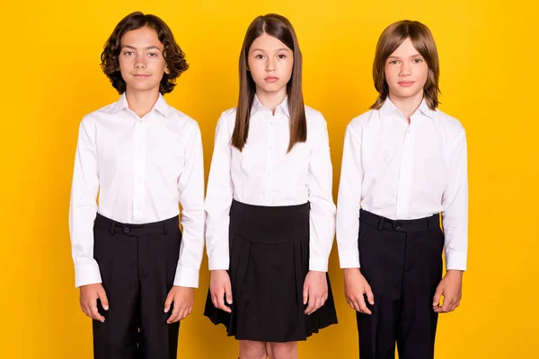 Foto di tre scolari calmi in posa stagione autunnale indossare camicia bianca isolato colore giallo sfondo — Foto Stock