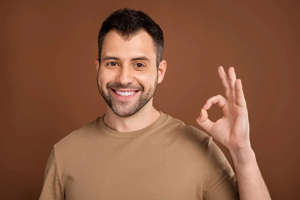 Fotoporträt brünetter Mann mit pastellfarbenem T-Shirt, das okay Geste zeigt, isoliert braune Farbe Hintergrund — Stockfoto