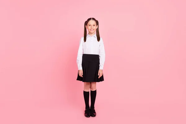 Full size photo of young happy positive happy girl smile good mood enjoy isolated on pink color background — Stock Photo, Image