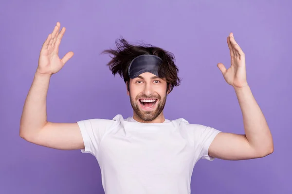 Photo of astonished satisfied person raise hands open mouth have good mood isolated on purple color background — Stock Photo, Image