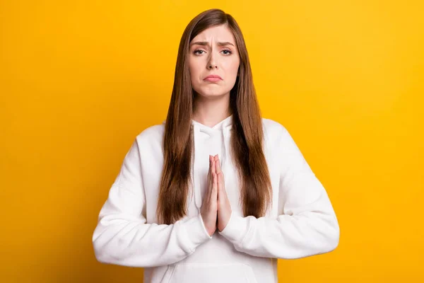 Retrato de atractiva chica esperanzada que lleva un acogedor jersey pidiendo favor aislado sobre fondo de color amarillo brillante — Foto de Stock