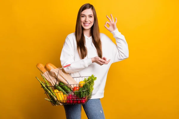 Фото молодої позитивної щасливої жінки роблять добре знак тримайте ручний кошик супермаркет продуктів харчування ізольовано на жовтому кольорі — стокове фото