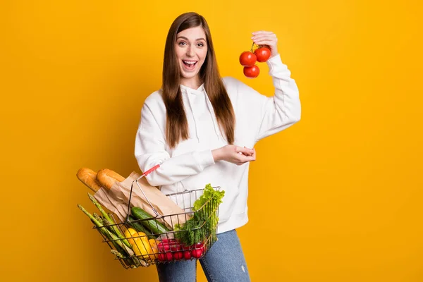 Parlak sarı arka planda izole edilmiş organik gıda sebzeleri taşıyan çekici, neşeli kızın portresi. — Stok fotoğraf