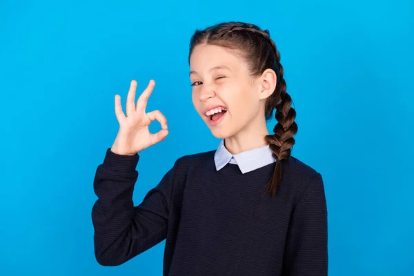 Portrait of young cheerful smiling good mood girl show ok sign wink blink eye isolated on blue color background — Stock Image Portrait of young cheerful smiling good mood girl show ok sign wink blink eye isolated on blue color background Stock Photo