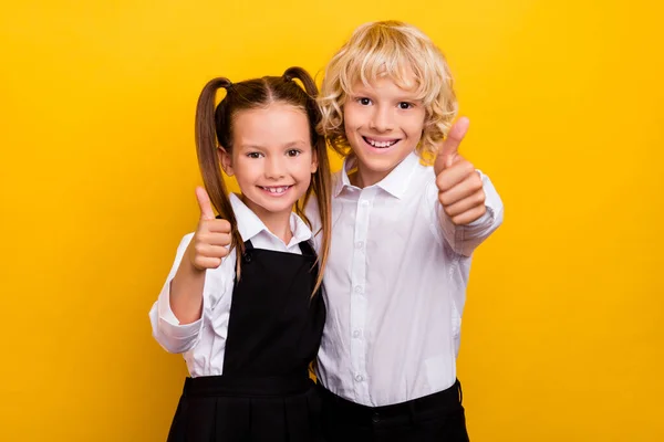 Foto de dos escolares confiables levantan pulgar hacia arriba aprueban usar uniforme escolar aislado color amarillo fondo — Foto de Stock