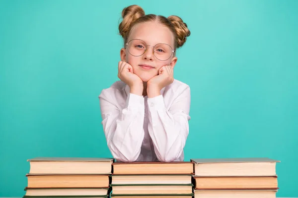 Photo of think small girl with books wear white shirt spectacles isolated on teal background — Stock Photo, Image