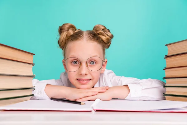 Photo of cute small girl hands face wear white shirt spectacles isolated on teal background — Stock Photo, Image