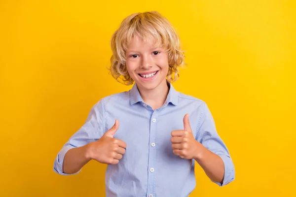 Zdjęcie atrakcyjne ładne szkoły chłopiec nosić niebieską koszulę uśmiechnięty siejąc kciuki w górę odizolowany żółty kolor tła — Zdjęcie stockowe