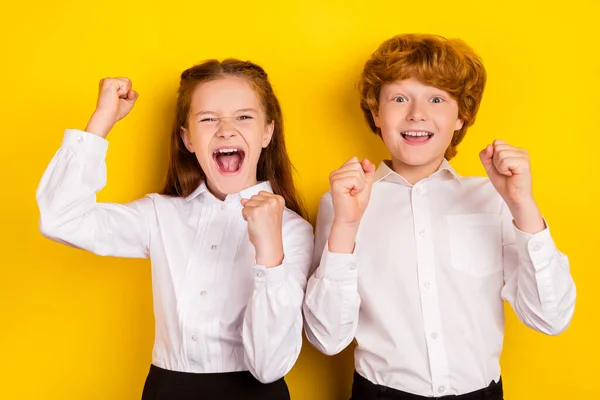 Photo de deux meilleurs amis écoliers lever le poing dans la victoire célébrer 1-septembre isolé sur fond de couleur jaune — Photo