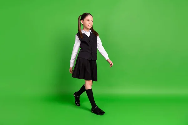 Foto von süßen entzückenden Schulmädchen gekleidet weißen schwarzen Uniform lächelnd zu Fuß suchen leeren Raum isoliert grüne Farbe Hintergrund — Stockfoto