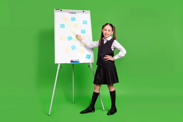Foto van zoete charmante schoolmeisje gekleed wit zwart uniform glimlachen met les geïsoleerde groene kleur achtergrond — Stockfoto
