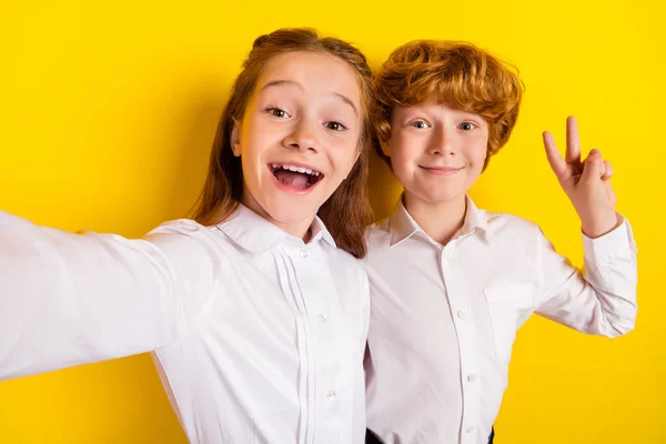 Портрет двух улыбающихся хороших настроений лучшие друзья студенты делают селфи шоу V-знак изолированы на желтом фоне цвета — стоковое фото