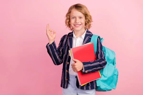 Foto do menino da escola feliz sorriso positivo segurar livro estudo sho ok bem sinal isolado sobre fundo cor-de-rosa — Fotografia de Stock