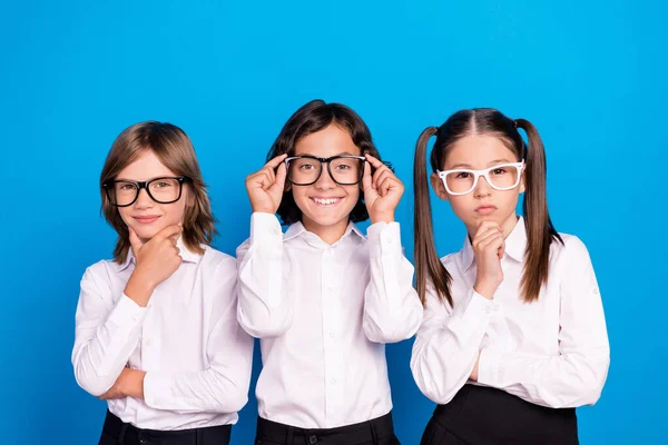 Foto di serio fiducioso scolari formalwear occhiali braccio mento isolato colore blu sfondo — Foto Stock