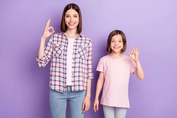 Portrét dvou atraktivních veselých dívek držících se za ruce ukazující ok-sign izolované přes fialové fialové barvy pozadí — Stock fotografie