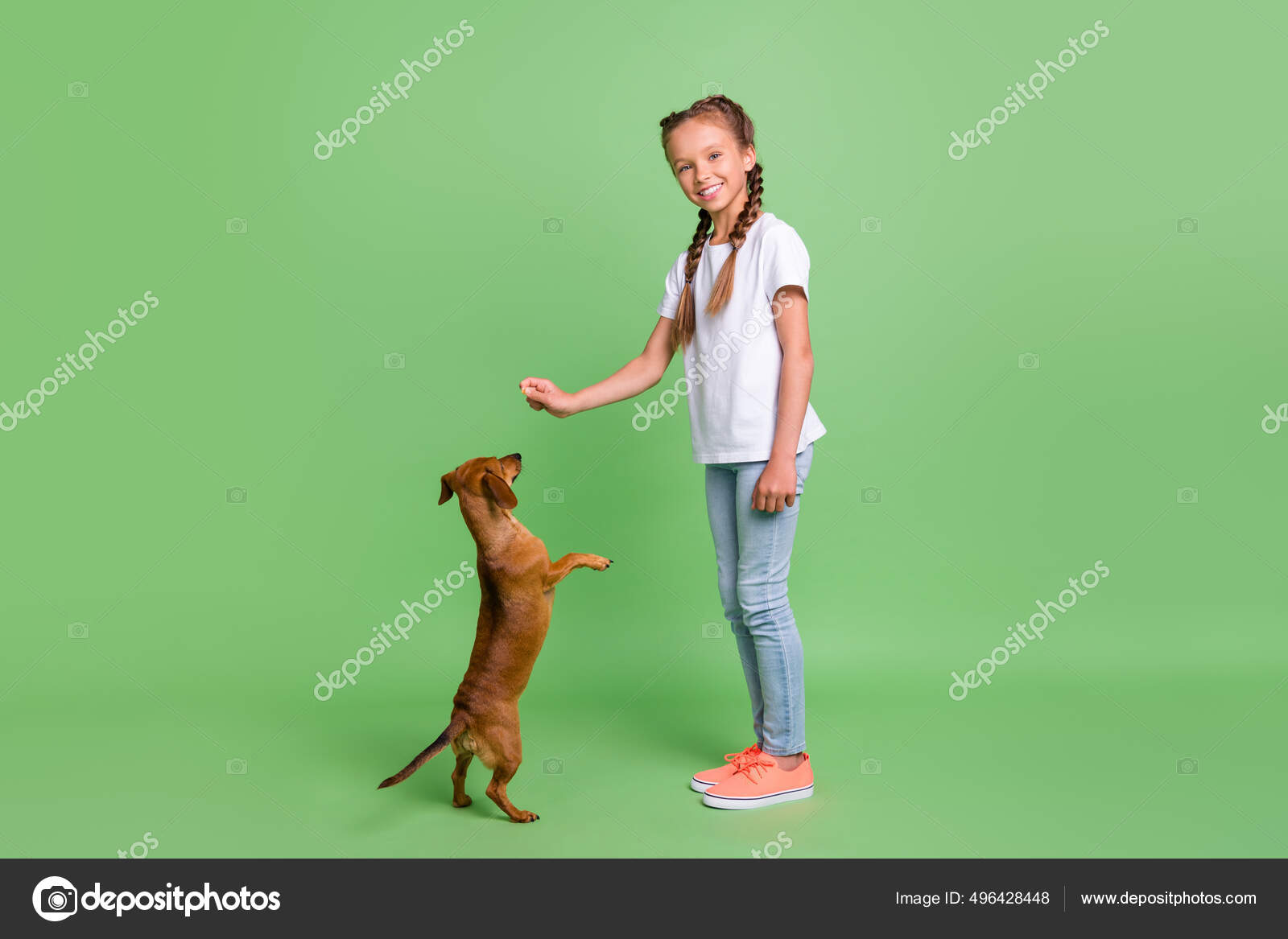 Full length body size view of attractive cheerful careful girl