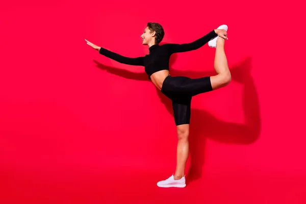 Volledige lengte lichaamsgrootte profiel zijaanzicht van aantrekkelijke vrolijke meisje stretching crossfit geïsoleerd over helder rode kleur achtergrond — Stockfoto