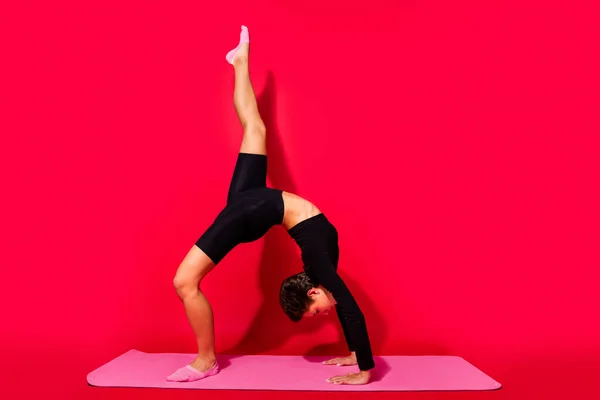 Profile photo of charming ballerina sporty lady stretch mat wear black cropped top isolated red color background — Stock Photo, Image