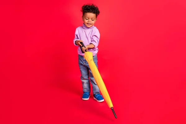Çekici, neşeli, elinde büyük bir şemsiye tutan parlak kırmızı arka planda uzun boylu bir çocuğun vücut ölçüsü. — Stok fotoğraf
