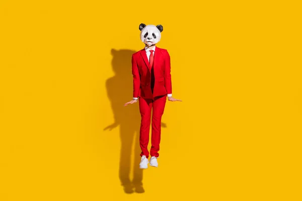 Foto de tímido novio panda chico salto posando desgaste máscara traje rojo calzado aislado sobre fondo de color amarillo —  Fotos de Stock