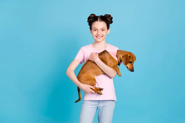 Фото блестящей хорошенькой школьницы, одетой в розовую футболку, держащей руки, коричневый щенок пустое пространство улыбаясь изолированный синий цвет фона — стоковое фото