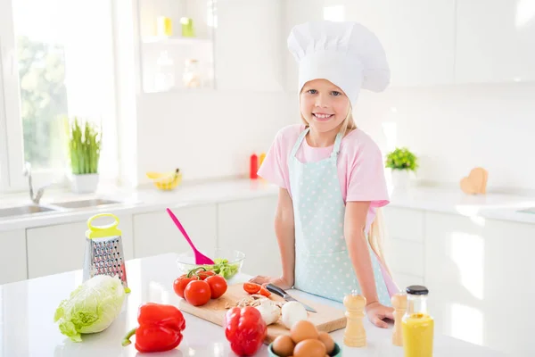 Foto di giovane bambina felice sorriso positivo indossare grembiule cucinare cibo sano ingredienti cucina casa — Foto Stock