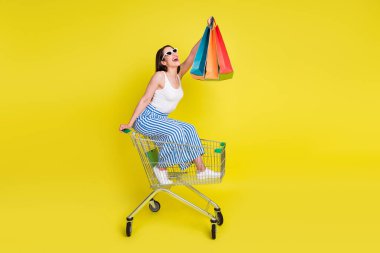 Portrait of pretty cheerful girl sitting in cart holding new clothes having fun isolated over bright yellow color background clipart