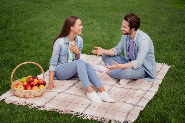 Foto in voller Größe von guter Laune Pärchen Freund und Freundin sprechen haben Gespräch lachen haben Picknick im Freien — Stockfoto