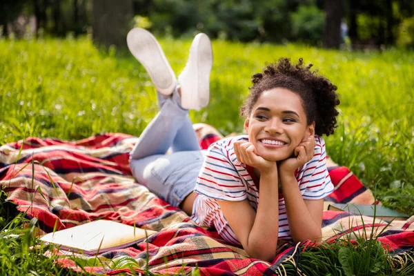 Full size corpo foto studentessa sdraiata su coperta nel parco sorridente sognante agghiacciante nel fine settimana — Foto Stock