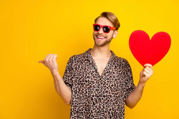 Photo of cute pretty gentleman dressed print shirt dark glasses holding heart pointing thumb empty space isolated yellow color background — Stock Photo, Image