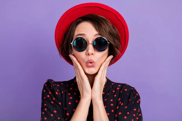Close-up portrait of attractive fashionable amazed girl pout lips good news isolated over bright violet purple color background — Stock Photo, Image