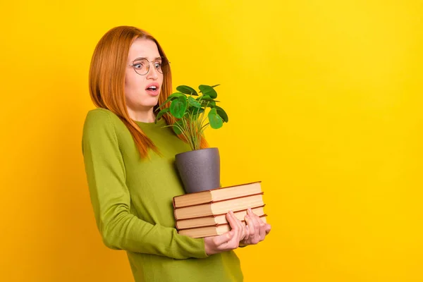 Profil foto av imponerad orange frisyr ung dam hålla böcker växt bära grön tröja glasögon isolerad på gul färg bakgrund — Stockfoto