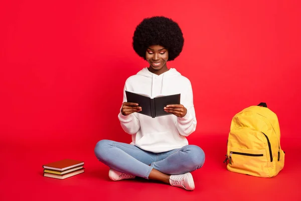Foto de tamaño completo del peinado ondulado inteligente estudiante dama sentarse leer libro usar pantalones deportivos blancos aislados en el fondo de color rojo —  Fotos de Stock