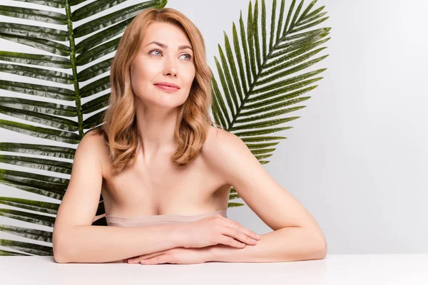 Retrato de mulher sonhadora atraente feminino saudável com folhas cópia espaço anúncio isolado sobre fundo de cor pastel cinza — Fotografia de Stock