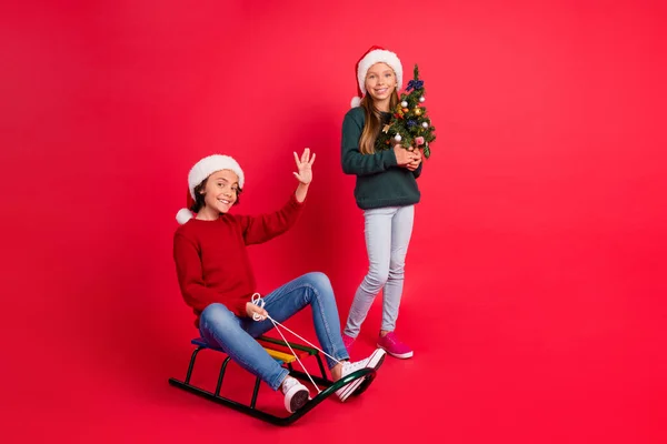 Foto van dromerige mooie schoolkinderen dragen gebreide truien met boom sleeën glimlachen geïsoleerde rode kleur achtergrond — Stockfoto