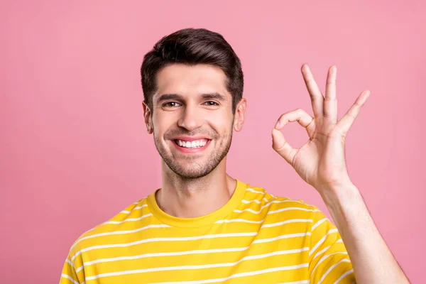 Porträt von attraktiven erfolgreichen fröhlichen Kerl zeigt ok-Zeichen-Anzeige isoliert über rosa Pastellfarbe Hintergrund — Stockfoto